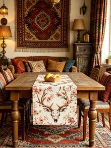 1 Set Farmhouse Style Skull & Flower Pattern Table Runner, Includes 1 Table Runner, 4 Placemats, 1 Pillow Cover, Suitable For Home Kitchen Decor, Indoor/Outdoor Party Decoration - Multicolor - View 3