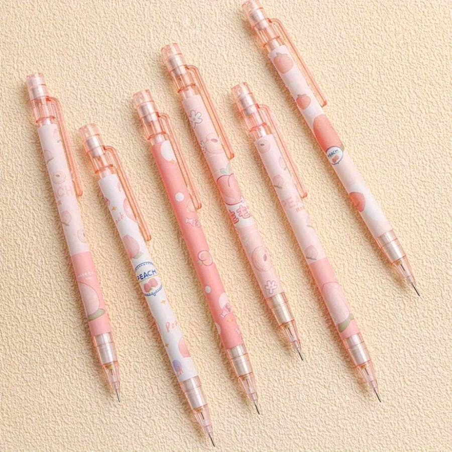 3PCS Sweet Peach Automatic Pencils + 1 Box Of Lead Refills (100pcs) - Random Style - HB Pencils, Retractable Plastic Pencils With Cute Cartoon Design, Fruit Theme, Ideal Student Gift