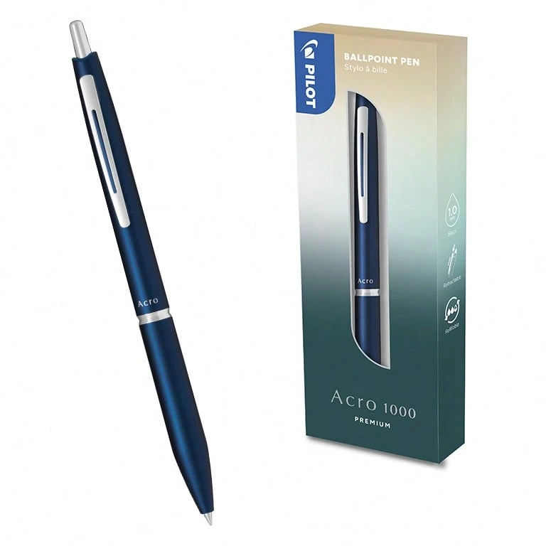 campus Bolígrafo Tinta Aceite Pilot Acro 1000 Azul Navy. Diseño estilizado y elegante. Cuerpo metalizado. Retráctil. Con una tinta súper deslizante y de secado rápido, color negro. Punta de 1.0 mm y ancho de trazo 0.28 mm. Recargable mediante recambios BRFV-10M. Se presenta en caja individual. - Azul Navy - Ver 1