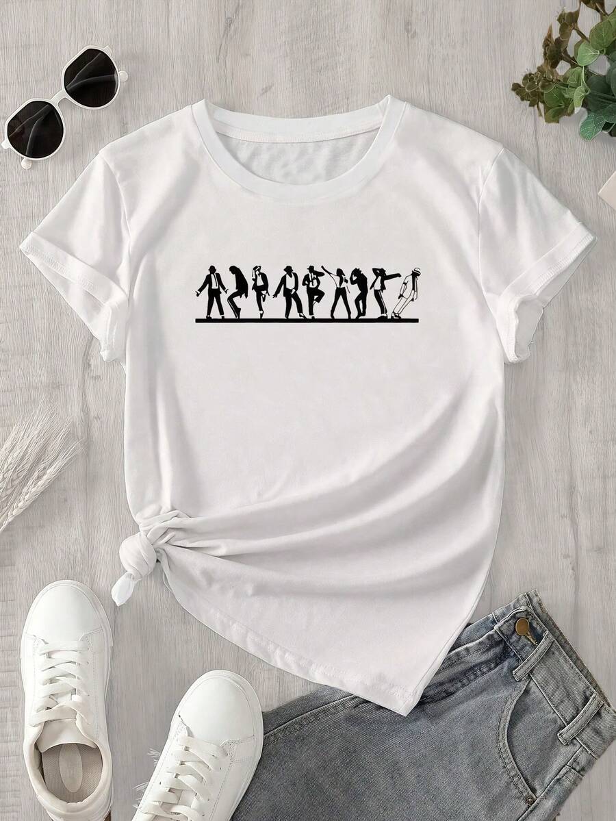 Camisa de mujer de manga corta y cuello redondo con un estampado que muestra a un grupo de personas de pie sobre un fondo negro, apta para todas las estaciones. - Blanco - Ver 1