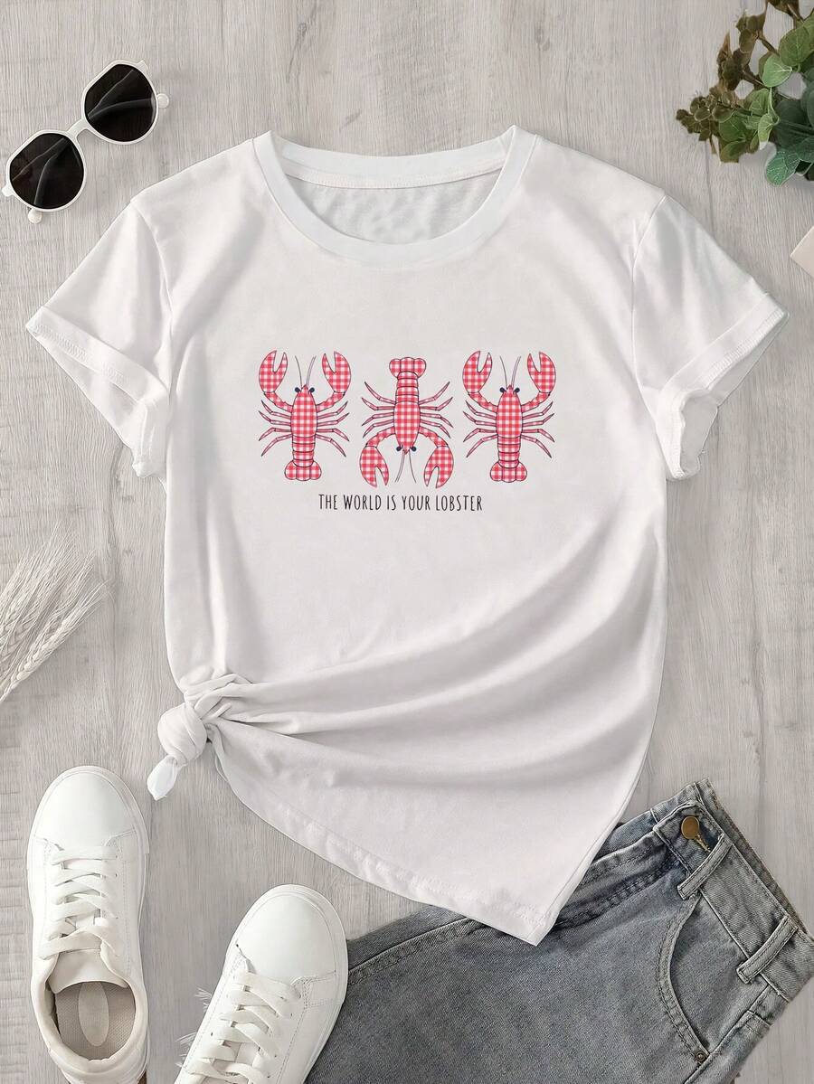 Top de mujer de manga corta y cuello redondo con estampado de langostas apiladas, apto para todas las estaciones. - Blanco - Ver 1