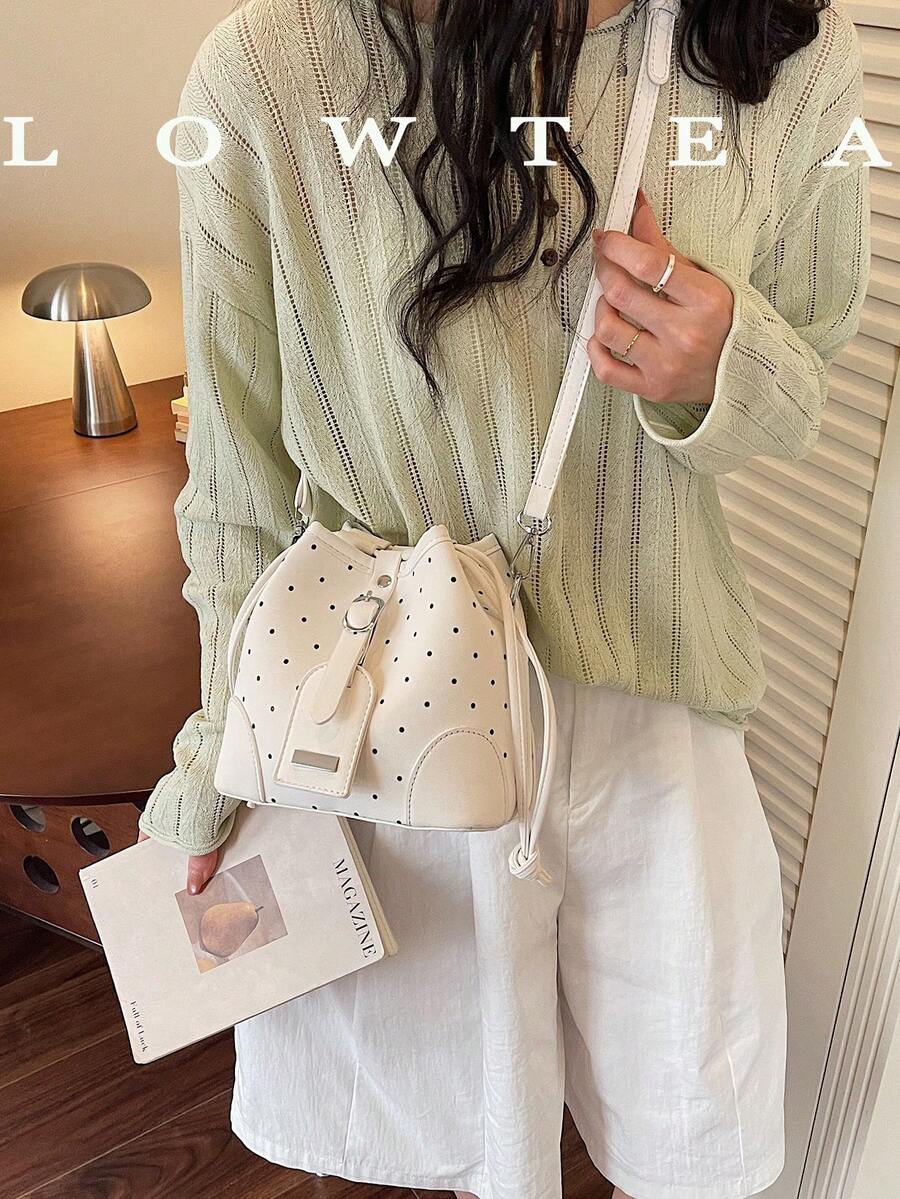 low tea 1pc Solid Color PU Drawstring Closure Fashionable Crossbody Bag, Polka Dot Print, Suitable For Women's Daily Use