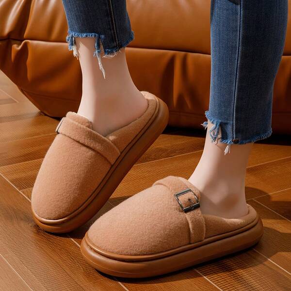Women's Home Slippers, Faux Fur Lining, Buckle Design, Thick Sole, Suitable For Indoor And Outdoor Wear, Couple's Plush Slippers