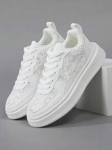 Women's White Lace Mesh Hollow Out Athletic Shoes, Lightweight Breathable Lace-Up Casual Shoes, Non-Slip Soft Sole Flat Walking Running Training Shoes, Suitable For Daily Wear - White - View 6