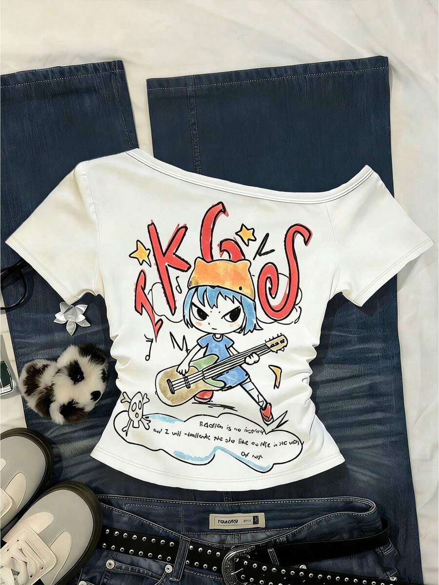 Camiseta casual de mujer con hombro asimétrico y mangas cortas a rayas - Blanco 3 - Ver 1