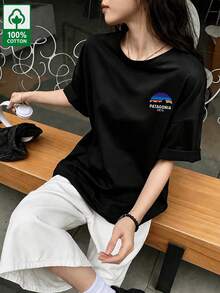 Domestic Shipping. New For Fall. Black Long-Sleeved T-Shirt For Women. Printed, Loose-Fitting, Korean-Style Top. Fall Clothing. Y2K Top. Korean Casual. Oversized. - Black - View 2