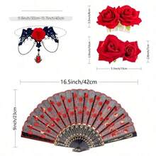 5件組女士弗朗明哥舞服套裝－包含刺繡亮片摺扇、玫瑰髮夾、項鍊與耳環，完整西班牙舞裝扮，適合弗朗明哥舞派對、婚禮、Cosplay與舞台表演 - 彩色 - 查看 4