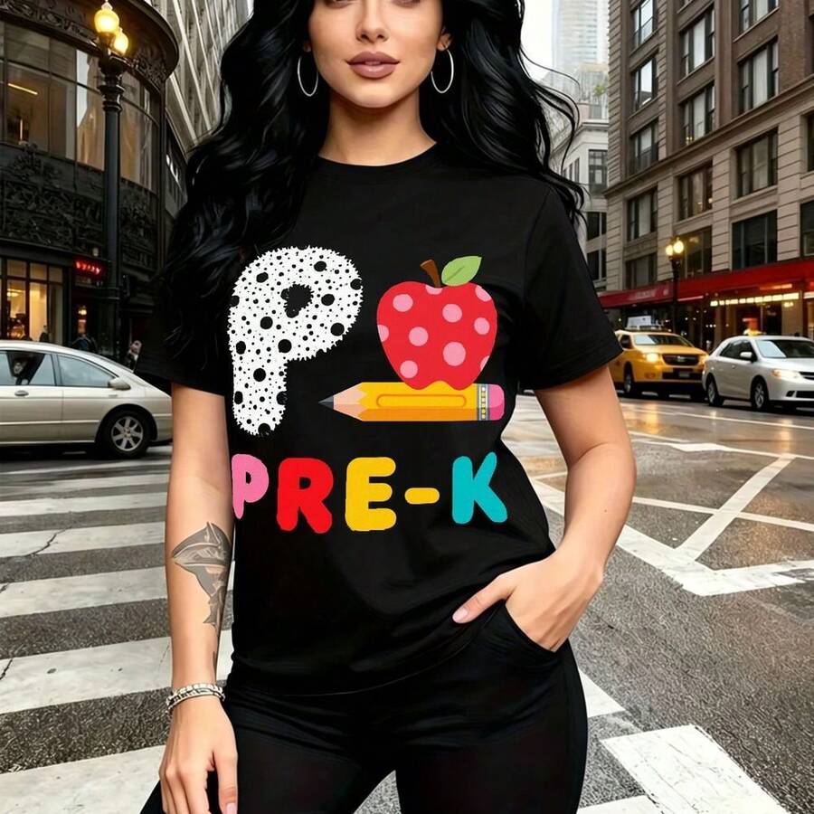 Camiseta de mujer con estampado colorido Pre-K y diseño escolar de manzana, lápiz y letras divertidas - camiseta casual de manga corta con ajuste cómodo y fresco, estilo urbano ideal para la calle en Ciudad de México - regalo perfecto para mamá, espo - Negro - Ver 1