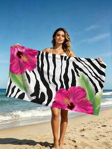 1pc Black & White Zebra Print Beach Towel, Large Floral Beach Blanket, Super Absorbent & Quick Dry Towel, Oversized Waterproof Beach Mat, Suitable For Surfing, Diving, Swimming Pool, Yoga, Gym, Summer Beach Decor, Holiday Party Essential - Zebra Stripes - View 4