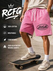 Men Clothes 260g Heavy Wash Shorts Summer Casual 100 Percent Cotton Hot Pink Vons Dutchs With Logo Print And Text Suitable For Street Home Commute Party Leisure Activities Fathers Day Gift Machine Washable Fabric Y2K - 玫紅色 - 查看 1