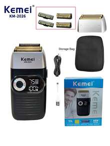 Kemei Afeitadora Eléctrica KM-2026, Afeitadora Recíproca Clásica de Doble Hoja Recargable por USB con Pantalla LCD, Afeitadora de Gran Capacidad, Afeitadora de Barba para Hombres, Afeitadora de Cabeza Calva, Regalo de Cumpleaños para Hombres, Regalo de Cumpleaños para el Padre, Regalo de Cumpleaños para el Esposo - Negro - Ver 3