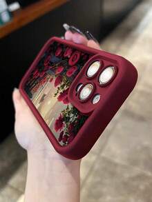1pc Burgundy Romantic Red Rose Full Coverage TPU Shockproof Phone Case Compatible With Apple 16 15 14 13 12 11 Pro Max - Multicolor - View 3