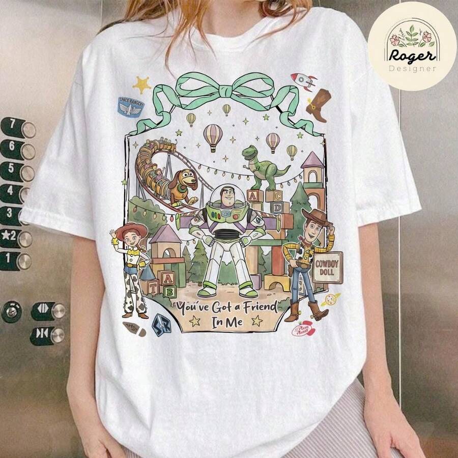 Disney Women's And Men's T-Shirts Classic Toy Story Characters With Bow Printed Oversized T-Shirts, 100% Cotton Retro Short-Sleeved Casual Shirts, And Graphic Printing T-Shirts For Family Park Vacation Matching Outfits - trắng - Xem 1