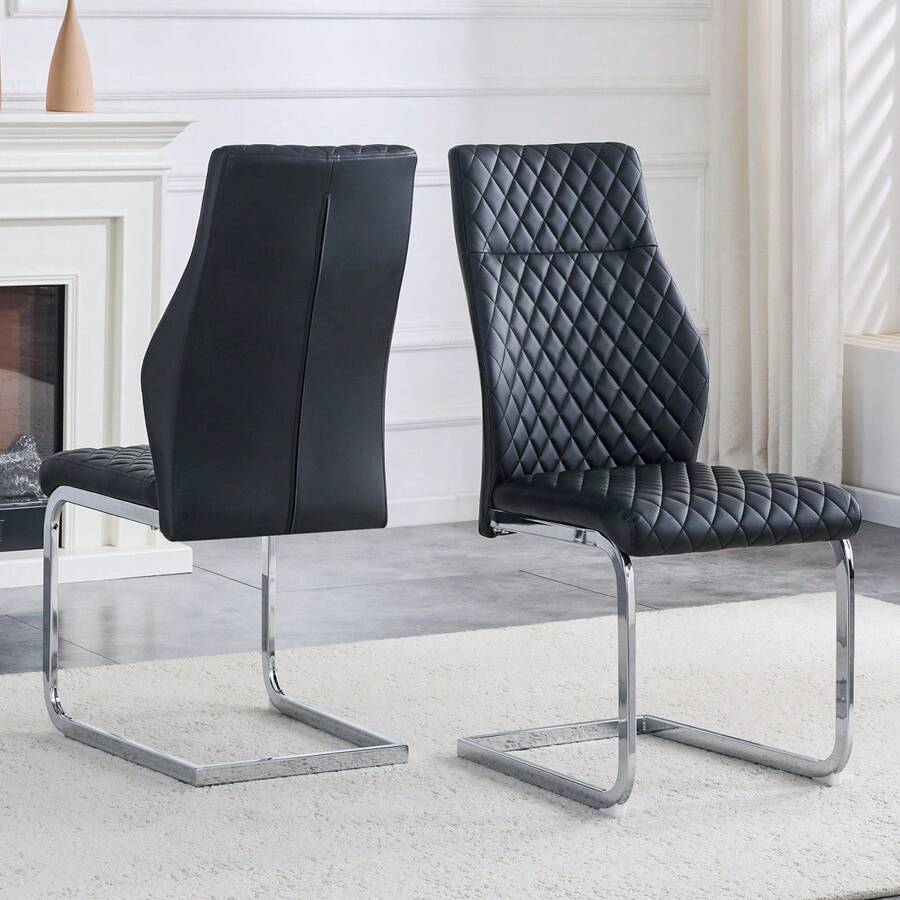 [Set Of 2] Dining Chairs With Diamond Pattern / Set Of 2 Modern Dining Chairs / High Backrest + Comfortable Seat Cushion / Non-Slip And Durable Metal Frame / Suitable For Dining Room, Living Room And Kitchen - 黑色+銀色 - 查看 1