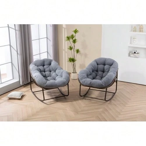 Outdoor Rattan Rocking Chair,Padded Cushion Rocker Recliner Chair Outdoor For Front Porch, Living Room, Patio, Garden, Gray - Gray - View 1