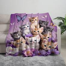 1pc Cute Cat Theme Digital Print Blanket, Cozy Throw Blanket For Cat Movie Watching, Christmas Animal Cat Design Warm Nap Blanket, Gift For Family And Friends - Lavender - View 9