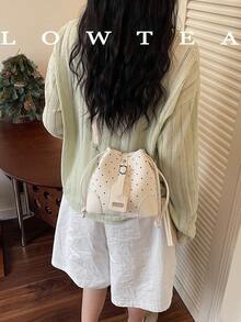low tea 1pc Solid Color PU Drawstring Closure Fashionable Crossbody Bag, Polka Dot Print, Suitable For Women's Daily Use - White - View 5