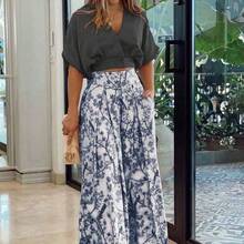 Conjunto blusa y pantalón ancho primavera, cuello V con estampado - Negro - Ver 2