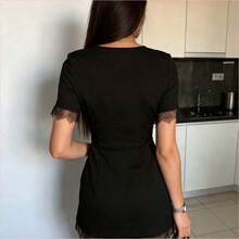 WNS Vestido corto elegante y casual de mujer con mangas cortas, encaje y calado, color negro, adecuado para fiestas, bodas, playa, vacaciones y uso diario en verano - Negro01 - Ver 5