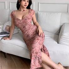 WNS  Vestido ajustado con estampado floral casual para mujeres, vestidos casuales para cumpleaños, ropa de mujer, vestidos de verano para el trabajo, vestido de graduación, vestidos elegantes para mujeres - Púrpura malva - Ver 6