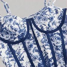 WNS  MOD Vestido con estructura de corsé con contraste de rayas azul y blanco en la cintura, estampado floral en el bustier, atuendo de vacaciones para mujer, vestido de verano, atuendo de campo, ropa de playa, vestido de verano, vestido de Pascua para mujer, vestidos de verano para mujer, vestido de fiesta de té - Azul y blanco - Ver 4