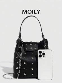 European And American Street Style One Shoulder Underarm Bucket Bag, Rivet Bag, Elegant Ladies Handbag - Black - View 6
