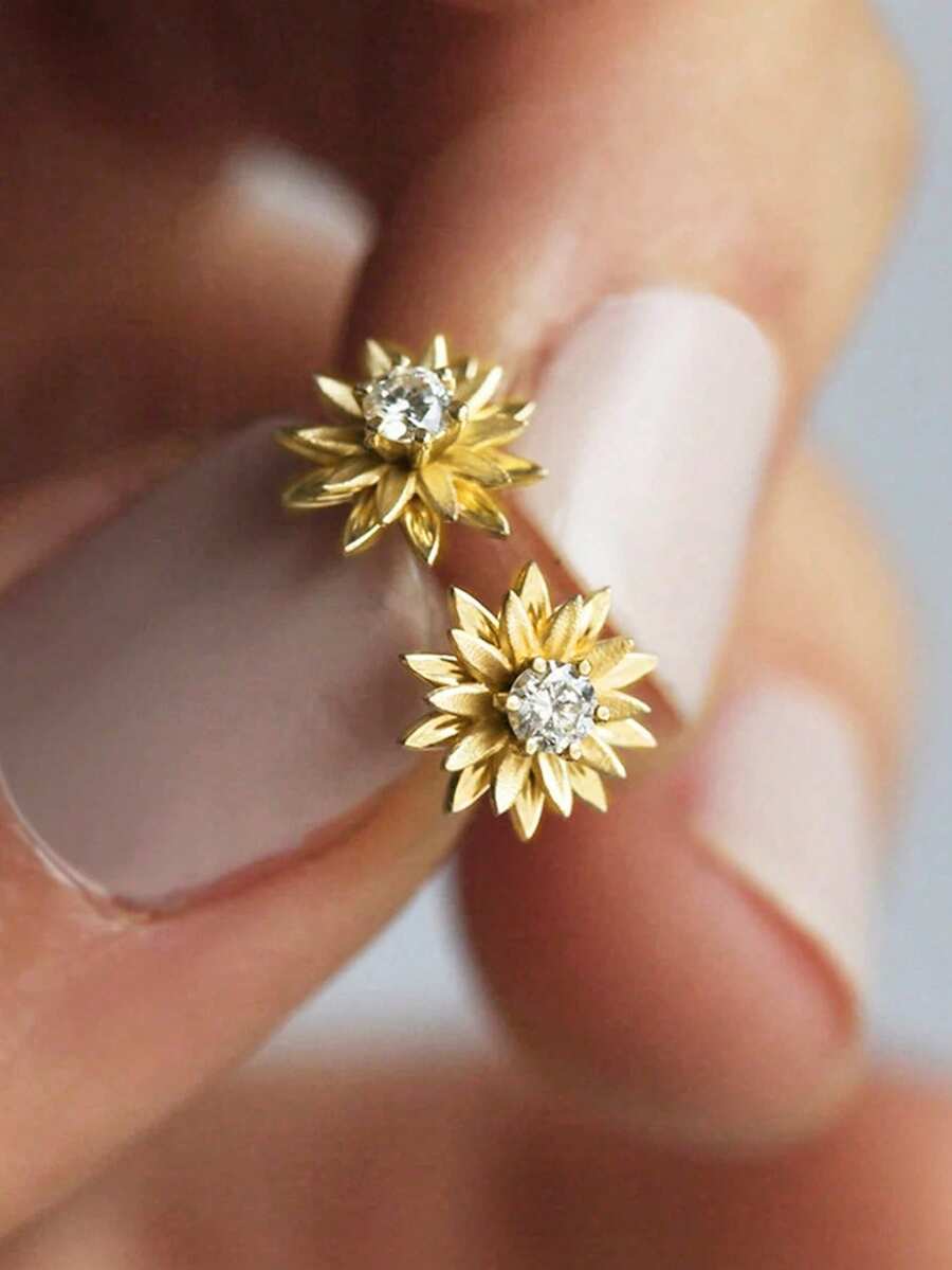 1 Pair Elegant Cubic Zirconia Stud Earrings, Designed For Women, Suitable For Wedding, Engagement, Anniversary Party, Valentine's Day Gift - Yellow Gold - View 1