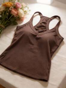 2pcs/Set Atasan Tank Camisole Musim Panas Wanita, Slim Fit, Warna Polos, Gaya Dasar dengan Cup Berbantalan, Pakaian Dalam Tank - MultiWarna - View 4
