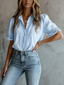 Elegant Women's Solid Color Embroidered Lace Patchwork Blouse, Versatile For Home, Daily Wear, All Seasons Summer - Baby Blue - View 4