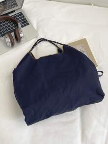 巴黎艾菲爾鐵塔刺繡托特包，大容量尼龍設計，通勤/上學肩背/斜背 2-Way 包，復古對比色編織繩手把，可調節肩帶，輕量旅行休閒尼龍包，極簡法式刺繡托特包，多色可選，學生適用大容量日常收納包 - 彩色 - 查看 8