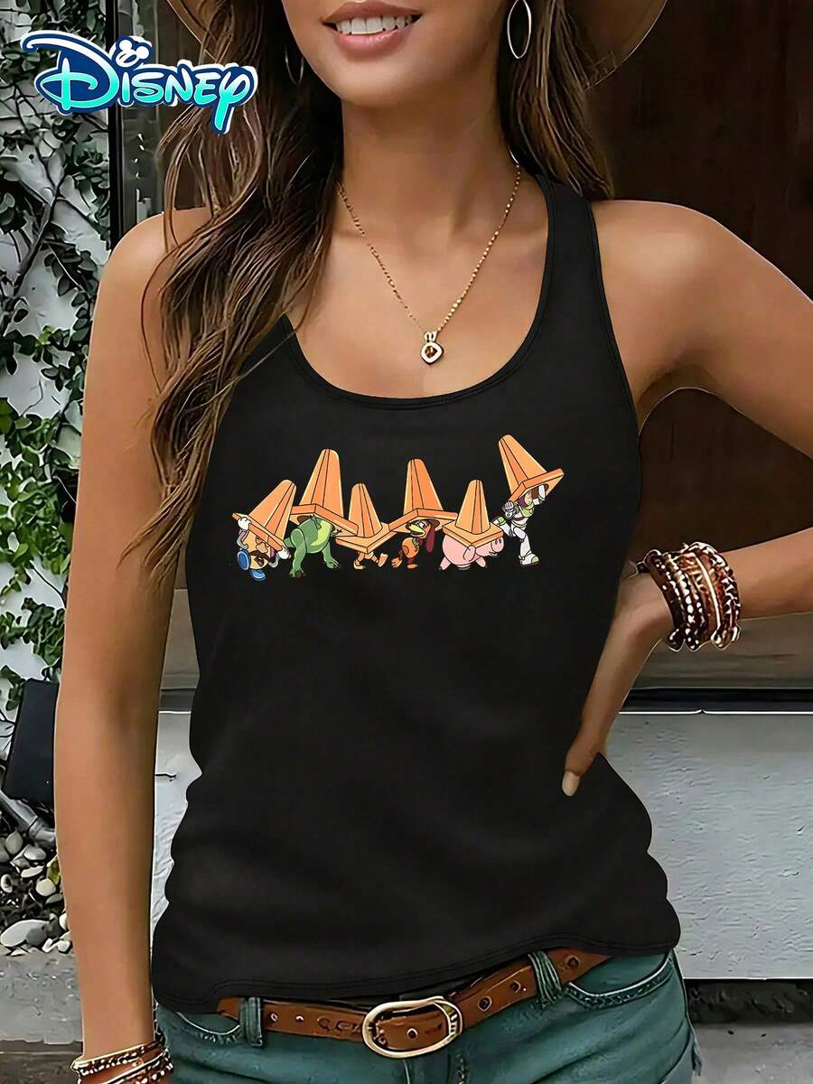 Autorización oficial de Disney | Chaleco casual de cuello redondo sin mangas para mujer. Con personajes de Toy Story y elementos de sombrero cónico clásico, es divertido y retro. Es un artículo lúdico para el vestido diario y una opción ideal para que los fanáticos coleccionen. - Negro - Ver 1