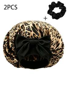 1pcCute & Bold Leopard Print Bow Satin Hair Bonnet, Made Of Smooth Satin Fabric, Retro & Style With Colorful Leopard Print & 3D Bow, Anti-Frizz & Breathable; Ideal For Sleep, SPA & Ramadan, Multi-Color Options Available. - Multicolor - View 14