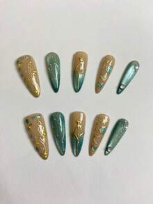 10片手工尖頭穿戴式假指甲，金線青色貓眼裸色漸層，3D愛心與水鑽裝飾，可重複使用亮面假指甲 - 薄荷綠 - 查看 10
