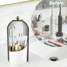 Bathroom Toothbrush Holder Organizer, 360° Rotating Toothbrush Storage Caddy With Dustproof Cover, Countertop Toothpaste Holder For Electric Toothbrushes, Makeup Brushes - A - View 7
