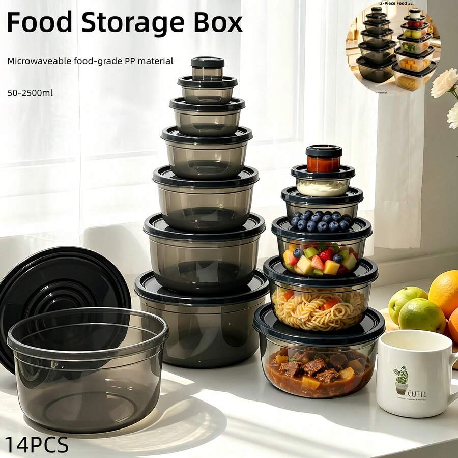 Smoky Black 14 Pcs Food Storage Containers, PP, Stackable Nesting Prep Bowls, Microwave Compatible Lunch Box, Fridge Storage For School Office Picnic, Spice & Snack Storage - View 1