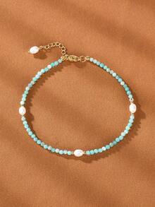 1pc 18K Gold Plated Freshwater Pearl & Amazonite Women's Anklet, Mother's Day Valentine's Day Birthday Wedding Bridal Gift - Amazonite - View 5