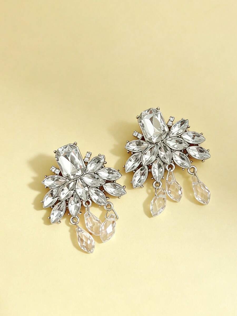 Luxurious Crystal Drop Earrings, Wedding Party Accessories - Silver - View 1