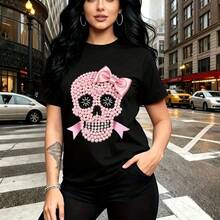 Camiseta de mujer con estampado de calavera mexicana decorada con lentejuelas rosas y lazos - diseño vibrante de Día de Muertos, ajuste cómodo y moderno para el estilo urbano - ideal para celebraciones festivas, salidas con amigas y regalo perfecto p - Negro - Ver 10