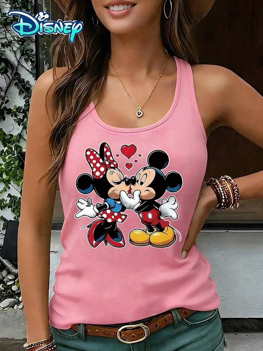 Disney Official Authorization | Women's Casual Round Neck Sleeveless Vest. Featuring Mickey And Minnie, Paired With Heart-Shaped Elements And Classic Designs, It Is Sweet And Cute. It Is A Couple Style Item For Daily Dressing And An Ideal Choice For Creating A Romantic Look. - Pink - View 1