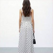 WNS Vestido casual y elegante de mujer con cuello cuadrado sin mangas, a lunares en blanco y negro, silueta ajustada, adecuado para el trabajo o citas, falda larga en línea A, apropiado para verano y primavera, vestido elegante para fiestas, ropa exterior, vestido de vacaciones, vestido a lunares - Negro01 - Ver 9