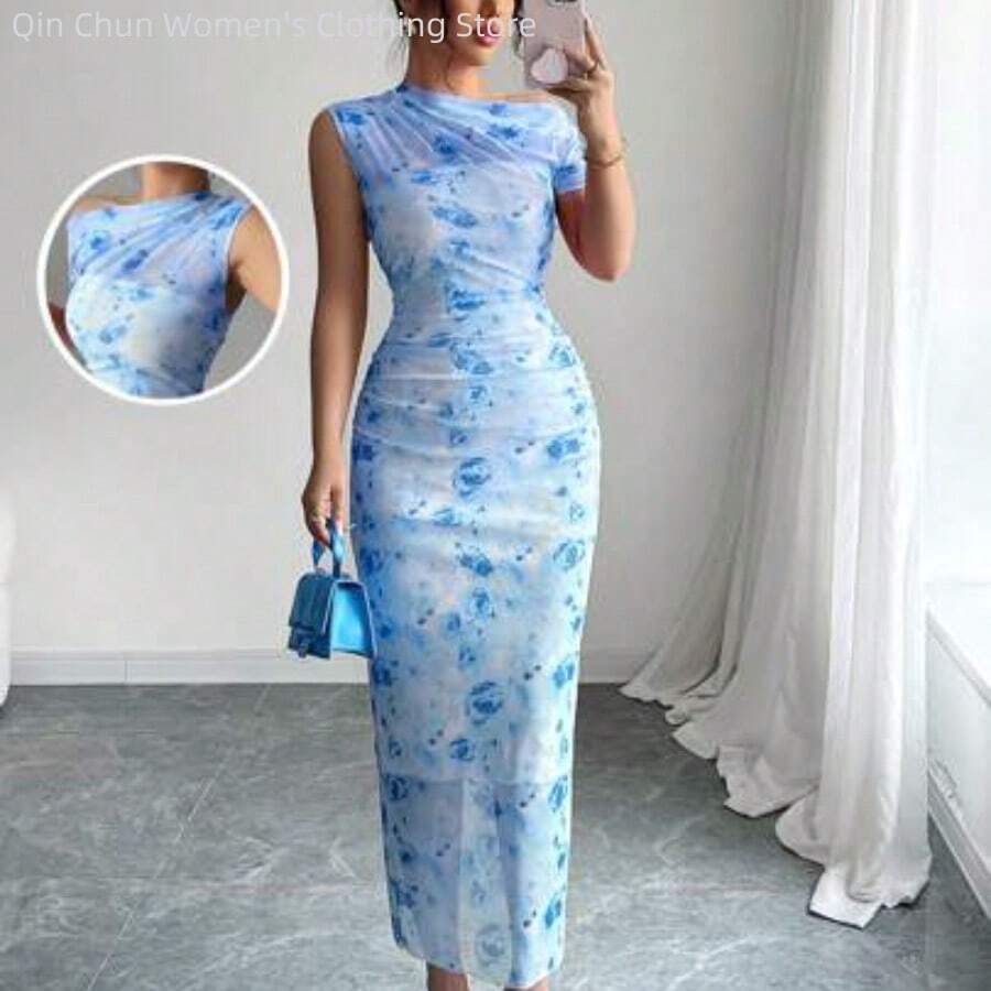 WNS Vestido mini ajustado de 2025 verano de tinte degradado en melocotón suave francés con cuello asimétrico fruncido en la cintura - Azul - Ver 1
