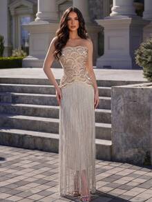 New Fashionable Sexy Heavily Fringed Rhinestone Spaghetti Strap Backless Dress, Elegant Ladies Wedding Guest Party Gown - Apricot - View 1