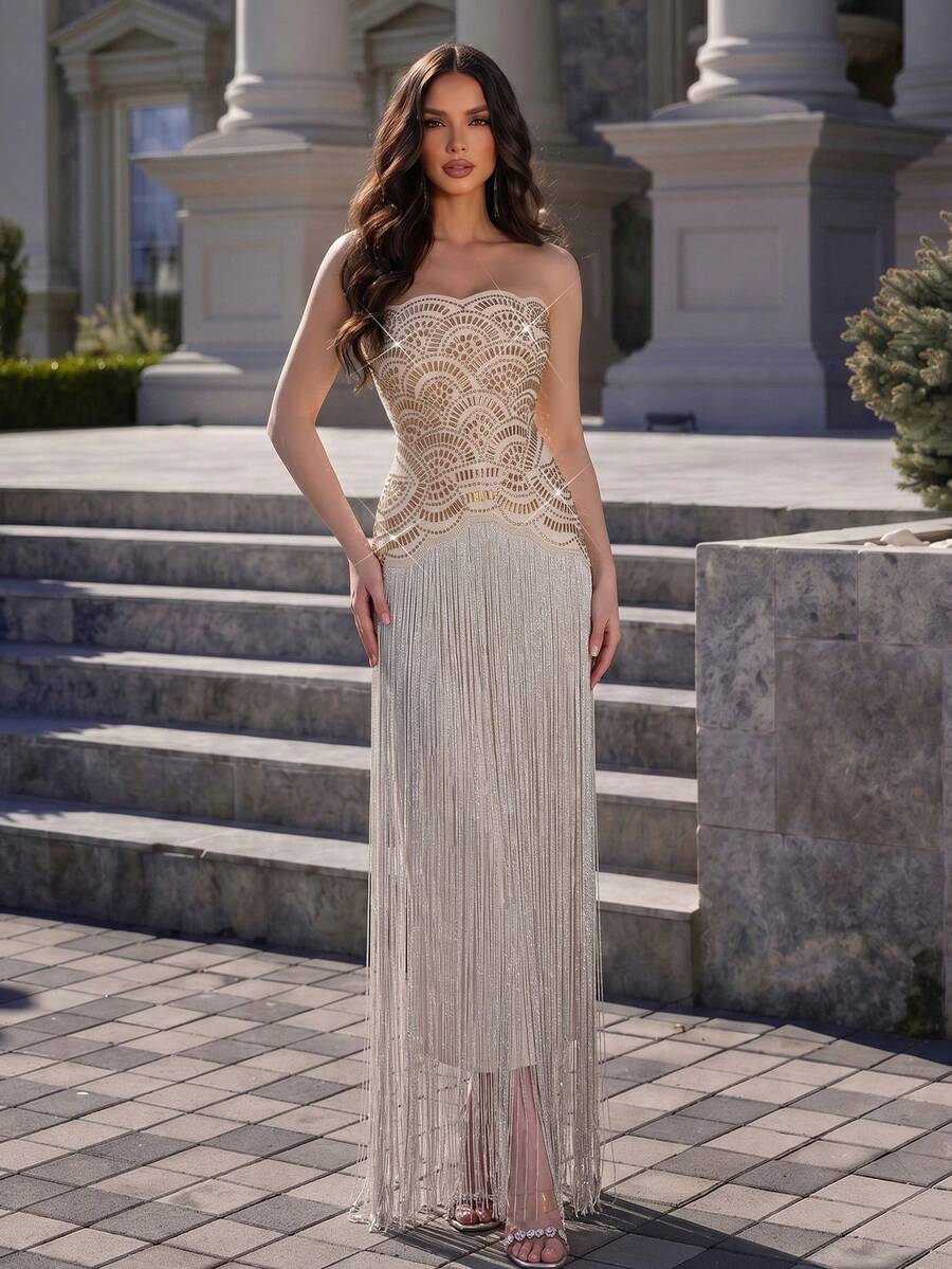 New Fashionable Sexy Heavily Fringed Rhinestone Spaghetti Strap Backless Dress, Elegant Ladies Wedding Guest Party Gown - Apricot - View 1