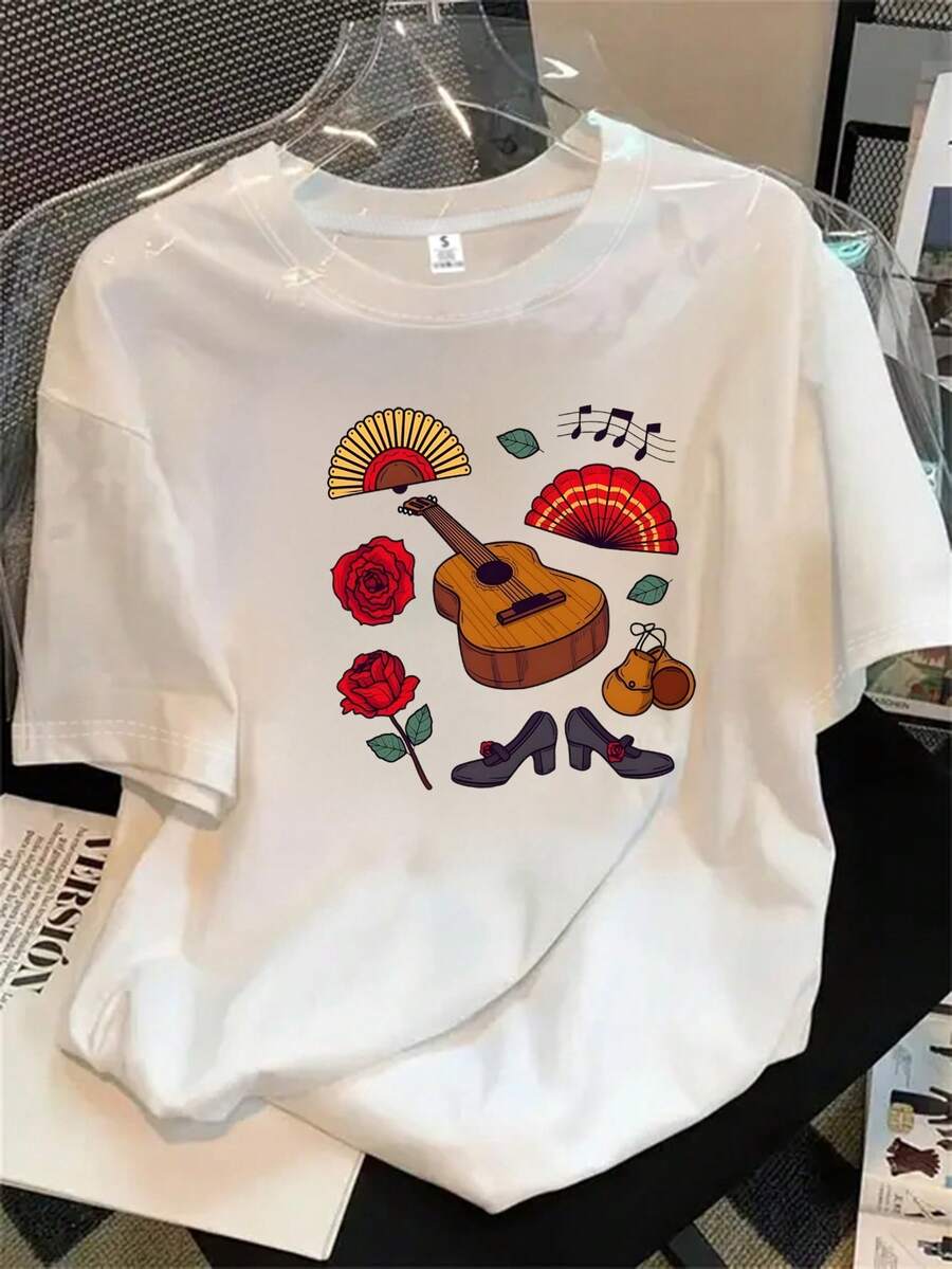 Camisa de mujer de manga corta y cuello redondo con estampado de guitarra, rosa, abanico y zapato, apta para todas las estaciones. - Blanco - Ver 1