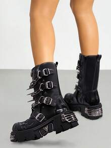 AYUSTONG Women's Y2K Style Punk Rock Platform Sneakers, Solid Color Buckle Mid-Calf Boots, Non-Slip Rubber Sole, Comfortable Low-Top Round Toe Design With Thick Sole Motorcycle Boots - Black - View 8