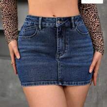 PETITE Falda vaquera casual con presillas para cinturón, corte slim - Azul lavado oscuro - Ver 1