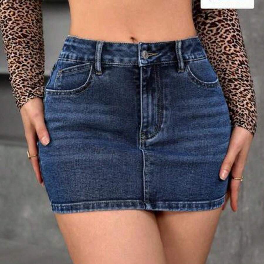 PETITE Falda vaquera casual con presillas para cinturón, corte slim - Azul lavado oscuro - Ver 1
