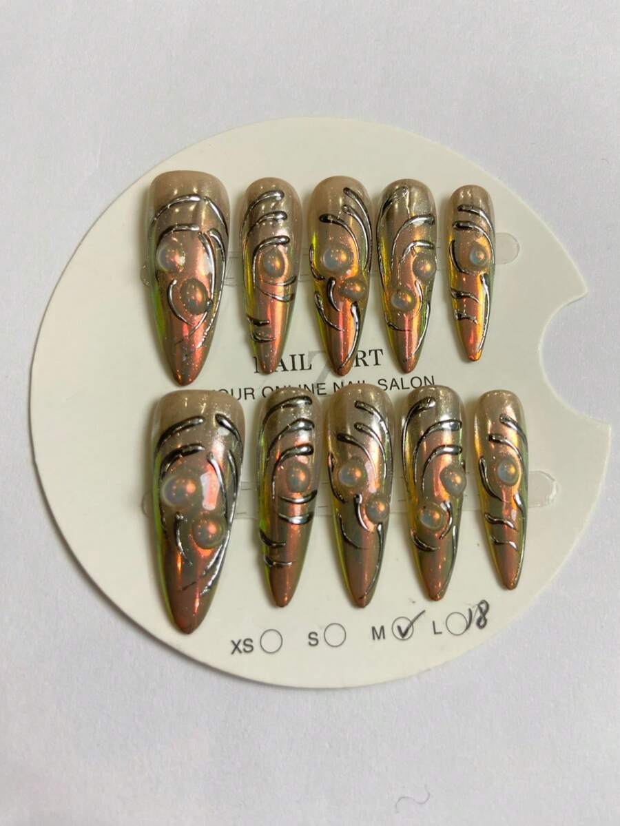 10Pcs Handmade Stiletto Press On Nails, Aurora Gradient Mirror Fake Nails, Punk 3D Metallic Line Glossy Reusable False Nail Tips - Maroon - View 1