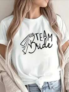Womens Clothes;Summer TopsSummer Fits For Women 2026: Lightweight And Breathable Short-Sleeve T-Shirt With The Words "" Printed On It, Perfect For Casual Wedding Parties And Bridal Shower Celebrationssummer Outfits OIDJ - 白色 - 查看 1