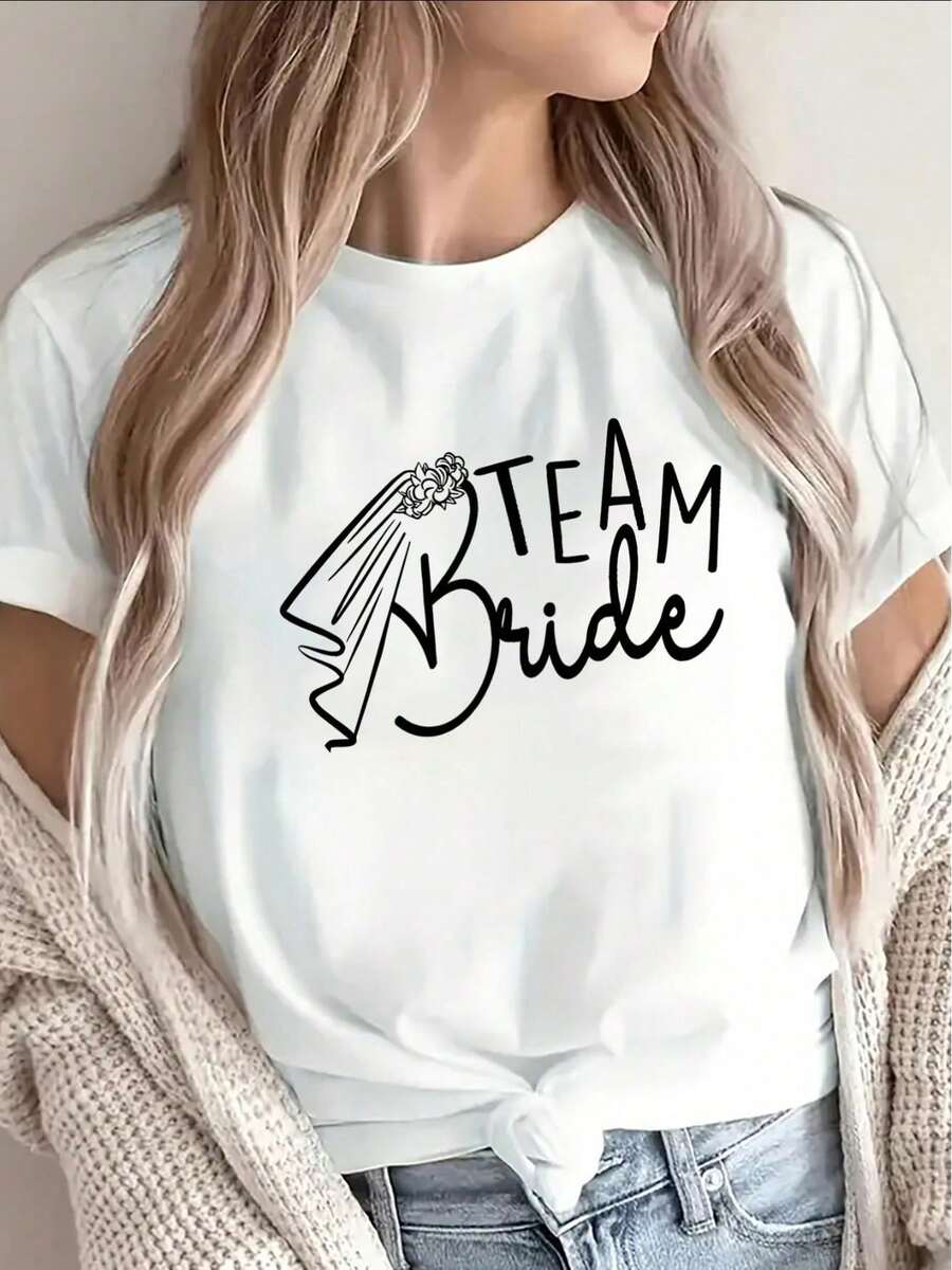 Womens Clothes;Summer TopsSummer Fits For Women 2026: Lightweight And Breathable Short-Sleeve T-Shirt With The Words "" Printed On It, Perfect For Casual Wedding Parties And Bridal Shower Celebrationssummer Outfits OIDJ - 白色 - 查看 1
